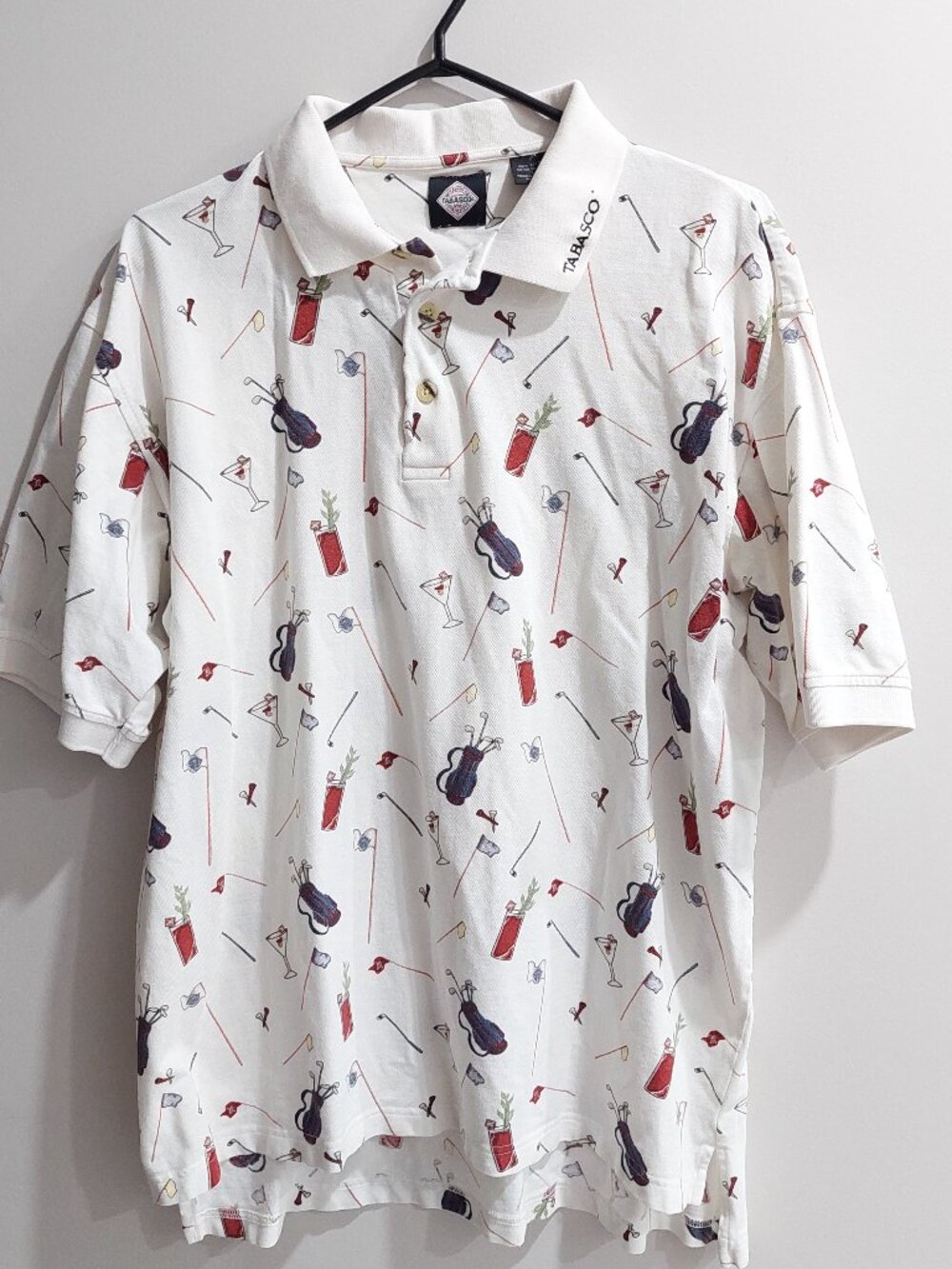 Vintage Tabasco brand Men's L "all over print" Golf Polo Shirt 100% Cotton
